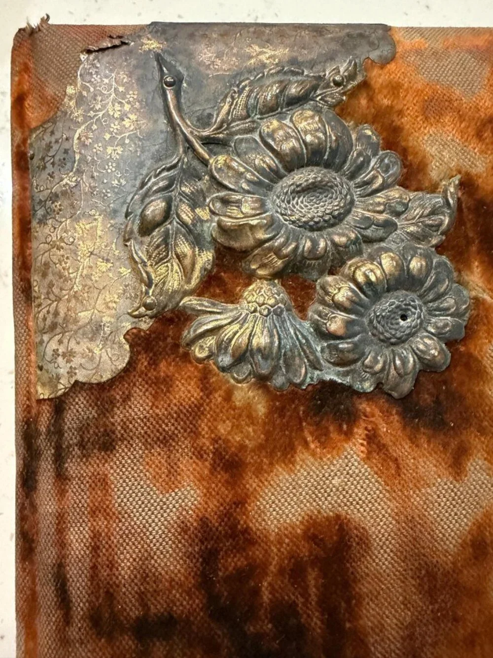 1800s Victorian photo album with brass sunflower and mirror 50 cabinet photos